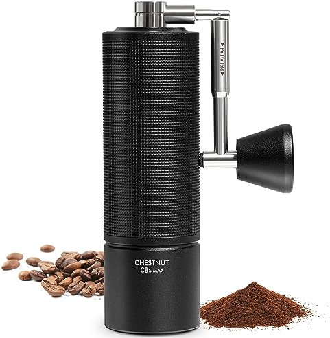 Manual Coffee Grinder Chestnut C3s Max, Larger Capacity, All-Metal Coffee Grinder, Folding Handle, Stainless Steel S2C Conical Burr, Adjustable Grind Setting -Black