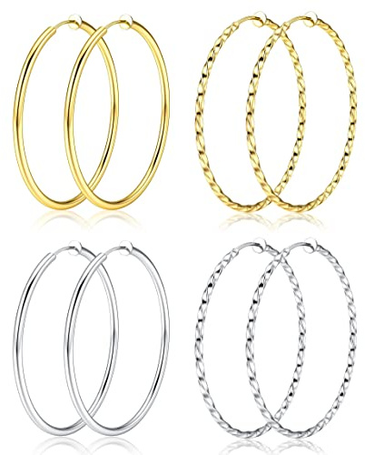 Kakonia 4 Pezzi Clip Per Orecchie Orecchini Da Donna Senza Fori Per Le Orecchie Grandi Orecchini A Cerchio Per Orecchie Non Perforate Orecchini Girl Silver Gold Hoop Orecchini Set Clip Orecchini