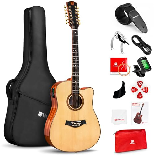 Vangoa Guitarra avanzada de 12 cuerdas, juego de guitarra eléctrica acústica de doce cuerdas de tamaño completo, parte superior de abeto, afinador integrado, natural brillante