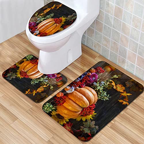 IUBBKI Badezimmermatte, Badezimmer-Anti-Rutsch-Matte, Orange Ernte Holz Fall Tisch dekoriert Gemüse Kürbisse, Badematten-Set, 3-teilig, saugfähig, rutschfest, Badematte, WC-Vorleger, Badteppich