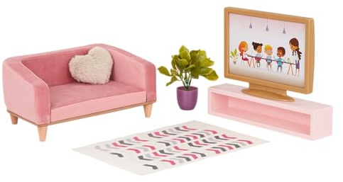 Our Generation - OG Lovely Set da soggiorno - Mobili per la casa delle bambole - Divano, tappeto e televisore - Accessori per bambole da 46 cm - Giocattolo per bambini dai 3 anni in su
