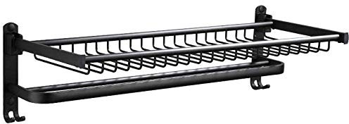 Einfacher Handtuchhalter, Platz, Aluminium, schwarz, doppellagig, mit Haken, faltbar, mit Ablage, multifunktionaler Wand-Handtuchhalter, Länge 40 cm, Handtuchaufbewahrung, Badet
