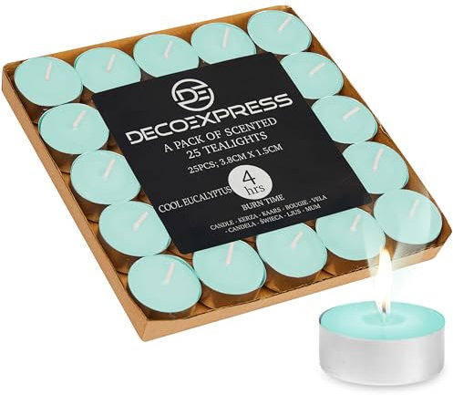 DECO EXPRESS Teelichter Großpackung, 24, 25, 50, 100 oder 200 Teelichter Lange Brenndauer 4, 8 oder 10 Stunden (Eukalyptus 25/4 Stunden)