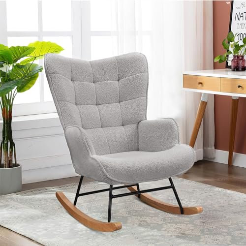 Schaukelstühle aus Teddy Samt, Schaukelstuhl mit Karierte Rückenlehne, Schaukelstuhl Sessel Relaxsessel mit Metallrahmen und Massivholzsockel für Wohnzimmer, Schlafzimmer, Arbeitszimmer (Hellgrau)