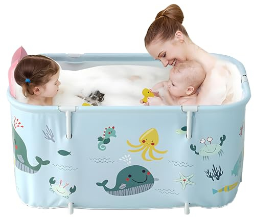 Warmiehomy Portable Foldable Bathtub Adult, 120cm Freestanding Soaking Bath | Collapsible Bath with Cushion & Backrest, Hot Bath Ice Bath SPA Tub for Shower, Folding Bathtub for Adults Kids, Ocean Style.