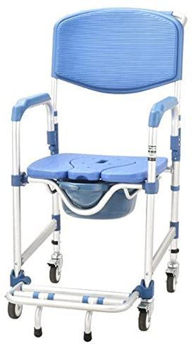 CRBUDY Beweglicher, Faltbarer Toilettenstuhl aus blauem Aluminium mit Rollen, Armlehne und Rückenlehne, Rutschfester, freistehender Toilettenrahmen für ältere und behinderte Menschen