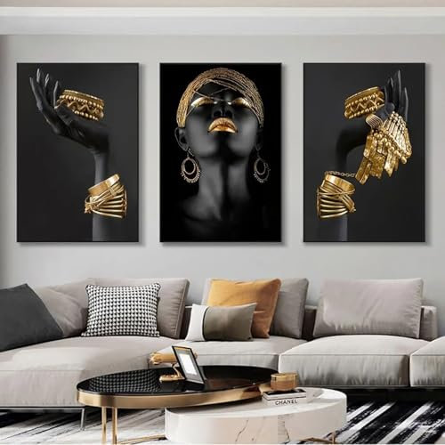 NXMYDBD Afrikanische schwarze Frauen mit Goldschmuck, Wandkunst, Poster, perfekte Wohnzimmerdrucke, Leinwand, Wandkunstdekor, Bilder, 70 x 90 cm (28 x 35 Zoll), 3 Stück, ungerahmt