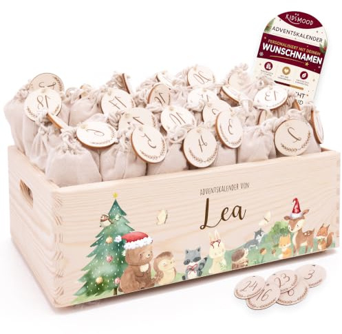 Personalisierter Adventskalender 2026 zum Befüllen mit Holzzahlen | Tolle Weihnachtsdeko aus Holz, Weihnachtskalender mit Tüten für Geschenke Mädchen & Jungen (40 x 30 x 14 cm)