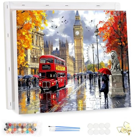 MEIYUDA Pintar por Numeros Adultos con Marco Londres Paisaje, DIY Painting by Numbers Kits Cuadros por Numeros, Pintura de Bricolaje Sobre Lienzo con Pinceles Decoración para el Hogar 40x30cm