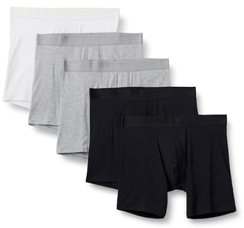 Amazon Essentials Men's Slim-Fit Cotton Jersey Boxer Shorts, Pack of 5, Black/Grey Heather/White, M