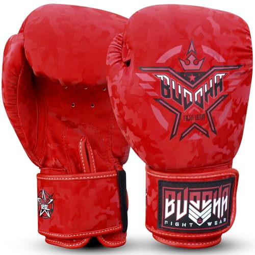 BUDDHA FIGHT WEAR - Guantes de Boxeo Thailand - Muay Thai - Kick Boxing - Piel Sintética Tejido Interior Resistente A Los Olores - Varios Diseños (Army Rojo, 12 Oz)