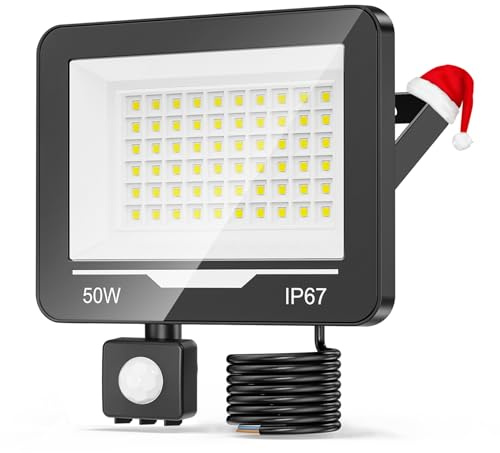 TOPAUBUB 50W 5000LM LED Strahler Fluter mit Bewegungsmelder Außen 1 Stücke, 6500K Kaltweiß Hell LED Scheinwerfer mit Bewegungsmelder, IP67 Wasserdicht Aussenstrahler für Garten Hofbeleuchtung