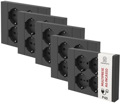 OWIJI Multipresa da Incasso Quadra 4 Posti Universali P40 Nera Set da 5 Compatibile Muratura Cartongesso Spine Standard Italiano Tedesca Cablaggio Rapido Presa Multipla Salvaspazio Adattatore