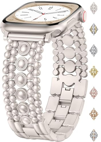 Bracelet Femme Design Perles en Métal compatible avec Apple Watch 38/40/41/42/44/45/46/49mm, Bracelet Bijou Élégant et Réglable pour iWatch Série 11 10 9 8 7 6 5 4 3 2 1 SE