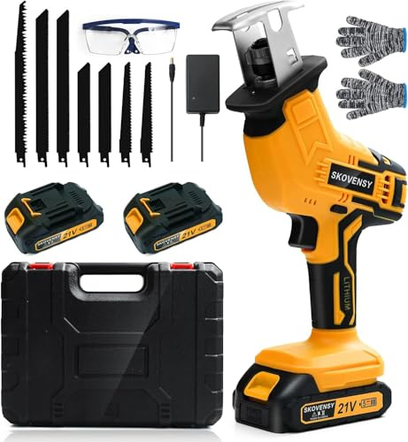 Cordless Reciprocating Saw, Cordless Variable Speed, 2.0Ah Battery x2, Blades Kit for Wood/Metal/PVC Cutting, Yellow