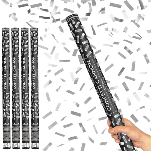 Silver Metallic Extra Large Confetti Cannon 80cm – Pack of 4 – Air Powered Party Confetti Shooter Popper for Weddings, Birthdays, New Year, Celebrations & Events