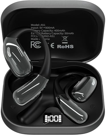 Open Ear Headphones, Wireless Headphones with Smart Digital Display & Mic, Open Ear Earbuds 35H Playtime, Sweat Resistant & Waterproof, Secure Comfortable Fit - Running, Sport, Driving, Daily (Black)