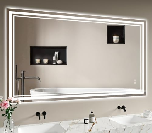 Badspiegel-mit-Beleuchtung 140x70cm - Badezimmerspiegel LED Badezimmer Spiegel mit Beleuchtung Beschlagfrei, Touch-Schalter, Dimmbar, 3 Lichtfarben, Wandspiegel Led-Spiegel-Bad Horizontal/Vertikal
