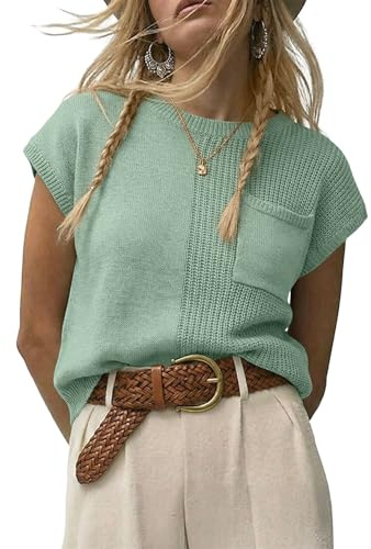 Dokotoo Summer Tops for Women Short Sleeve Oversized Asymmetrical Sweaters Boho Fashion Clothing Crewneck Lightweight Knit Jumper Tops Pullover Sweater Shirts Plus Size Outfits,Bean Green Medium