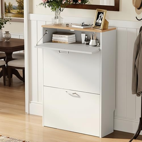 Bonnlo Schuhschrank mit 2 Klappen und 1 Schublade, Schuhregal Schmal, Schuhaufbewahrung, Schuhkipper, für Flur,Wohnzimmer und Eingangsbereich, 63.5x24x94 cm, Weiß + Naturholz
