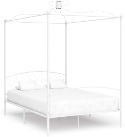 faucqel Himmelbett-Gestell Weiß Metall 140 x 200 cm stabiles Lattenrostbett mit Stauraum, geeignet als Gästebett oder Familienbett, modernes Schlafzimmerbett mit elegantem Bettrahmen
