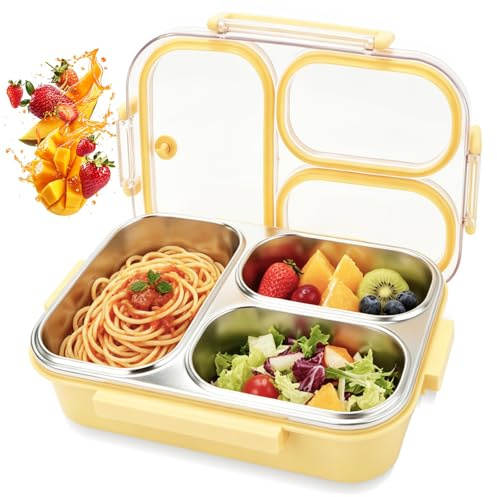 Feirdhoo Lonchera Bento con 3 compartimentos, a prueba de fugas, acero inoxidable, sin BPA y apta para lavavajillas, 800 ml, para niños, adultos, escuela, guardería, oficina y viajes