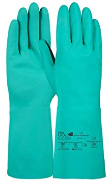 PRO FIT Nitril-Handschuh 175 – Chemikalienschutzhandschuhe, Haushaltshandschuhe mit Stulpen, Spülhandschuhe ohne Latex, Putzhandschuhe - 33cm, Grün, Gr. 8, 12 Paar