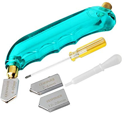 CESFONJER Glasschneider, Pistolengriff Glasschneider Hartmetall-gebeizt Glas Schneiden Werkzeug, 3 Ersatzrädchen aus Edelstahl für Glas 2-6 mm 6-12 mm 12-20 mm。