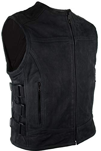 MDM Chaleco de cuero para motocicleta personalizado en negro mate (XL)