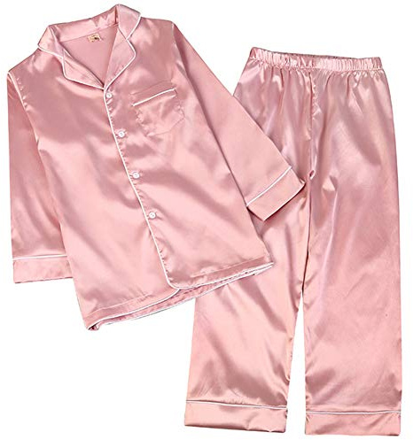 amropi Pijama de Familia Manga Larga Pijamas de satén 2 Piezas Ropa de Dormir para Mujer Niñas Rosa,XS