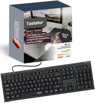 SCHWAIGER KB1000 Clavier QWERTZ Business Allemand Clavier USB Ordinateur PC Portable Bureau Travail Filaire réglable 1,5m Noir