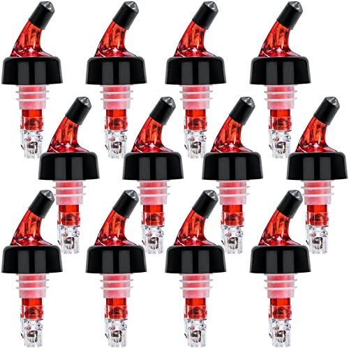 LINALL Automatic Measured Bottle Pourer - Pack of 12, 1 oz (30 mL) Quick Shot Spirit Measure Pourer Drinks Wine Cocktail Dispenser Home Bar Tools (Red 12pcs)