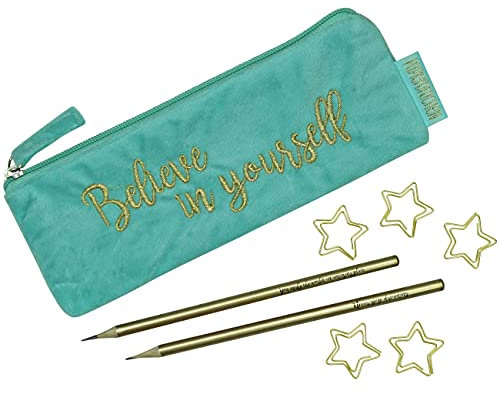 Papierdrachen Mäppchen aus Samt - Elegantes Federmäppchen in türkis mit motivierendem Spruch, 2 Bleistifen und 5 goldenen Paper Clips Uni und Schule | Set Nr 1