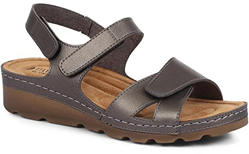Pavers Women's Sandals in Pewter with Adjustable Soft Straps - Memory Foam Suede Footbed - Comfortable Fit Lightweight Footwear - Size UK 5 / EU 38