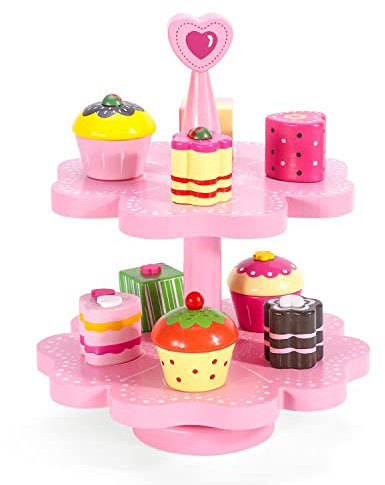 SOKA Wooden Magnetic Cake Stand Heart Afternoon Tea Party Pretend Play Pink Cupcake Muffin Food Toy Playset Role Play Educational Development for Kids Children Girls 3 years old +