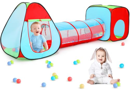 Kids Play Tent with Ball Pit+Crawl Tunnel+Castle Tent, Pop Up Toddlers Playhouse for Boys and Girls Gift, Collapsible Children Toy Indoor Outdoor Games (3Pcs Mesh)