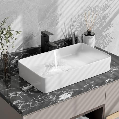 GOPLUS Keramik Waschbecken, Aufsatzwaschbecken rechteckig mit Ablauf, Waschschale, Handwaschbecken für Badzimmer & Hotel, 60 x 35 x 11cm, Weiß