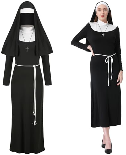maxToonrain Nonnen-Kostüm für Damen, Erwachsenenkostüm, lustig, klassisch, Unregelmäßigkeit, Nonnen-Outfit (Gürtel + Kopfschmuck) für Halloween, Cosplay-Party