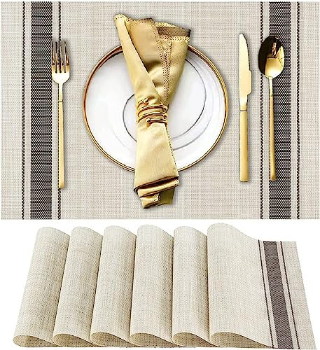 WUBAYI Placemats, Set of 6 Table Mats Heat Resistant Stain Resistant Non-Slip Woven Vinyl Insulation Placemats, Washable Durable Elegant Table Mats for Kitchen Dinning Restaurant(Beige Grey)
