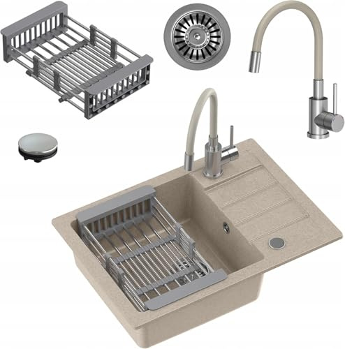 MyQ Fregadero de cocina | tamaño: 62x44x17,5cm beige | SEUL16 fregadero de granito + grifo mezclador de cocina Missouri + cesta | fregadero de un seno con escurridor | para armarios a partir de 50cm