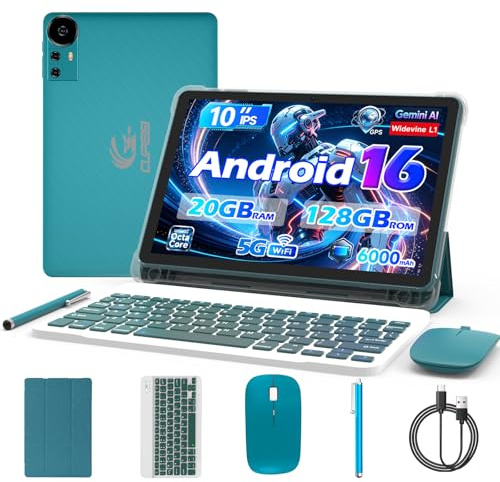 CUPEISI Android 15 Tablet 10 Inch, 20GB RAM+128GB ROM/ 2TB Expandable, 2.0GHz Quad-core Processor, 1280*800 HD Screen, 5G WiFi6 BT 5.0, 2 in 1 Tablets with Keyboard Case Mouse Stylus, Widevine L1 Blue