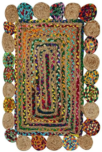 Quadratischer Teppich, 90 x 90 cm, mehrfarbig, Cape Code Chindi, Baumwolle, Jute, geometrischer Kelim-Teppich, für drinnen und draußen, Teppich, Flachgewebe, Teppiche für Schlafzimmer, Nachttisch,