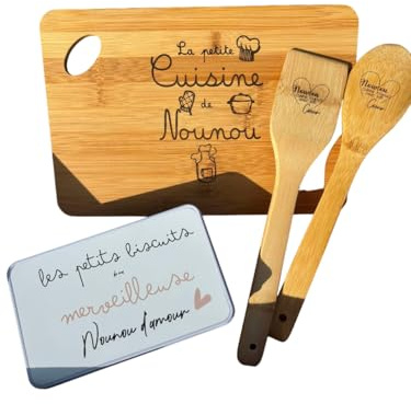 Box cadeau nounou personnalisée – Coffret gourmand avec boîte à biscuits, planche à découper et cuillères en bois – Cadeau fin d’année nounou avec prénom enfant