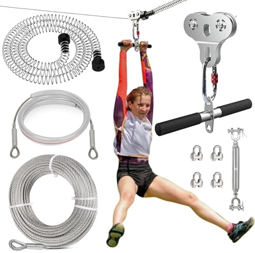 Fologtoo Linee zip per bambini e adulti all'aperto, kit zip line da 24,4 m per cortile fino a 226,8 kg, freno Ziplines incluso e puleggia con manico, attrezzature per parchi giochi all'aperto
