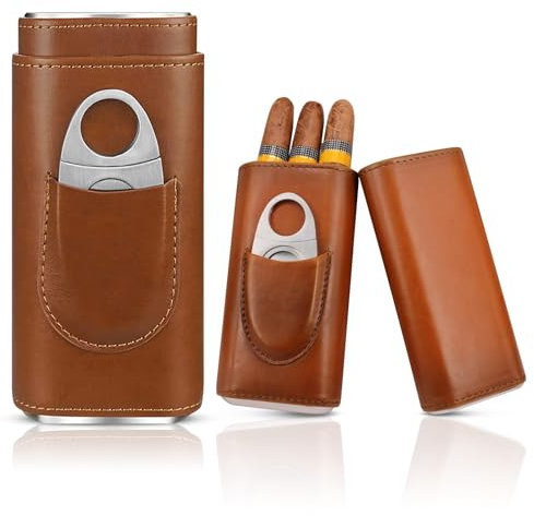Resor i läder, bärbart fodral för 3 cigarrskärare, fodrad med cederträ, brunt läder för far och familj