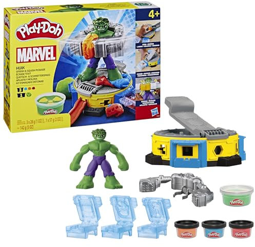 Play-Doh Marvel Hulk Quetsch- & Schmetterspaß, Action-Figur und 3 x 28 g Dosen und 1 x 56 g Dosen, Knetpresse und Formen, kreatives für Kinder ab 3 Jahren