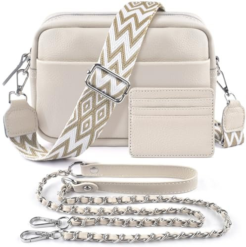 BROTOU Damen Echtes Leder Umhängetasche Crossbody Bag mit 2 Breitem Schultergurt Kartenhalter, Kleine Umhängetasche Damen mit 3 Fächern (S-Beige)