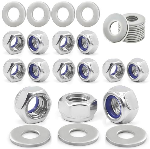 Alethron M10 Muttern - DIN985, 20 Stück Standard A2 V2A Selbstsichernde Muttern mit 10 Stück Edelstahl & 10 Stück Unterlegscheiben M10 Metrisch Sicherungsmuttern Sechskantmuttern Stoppmutter