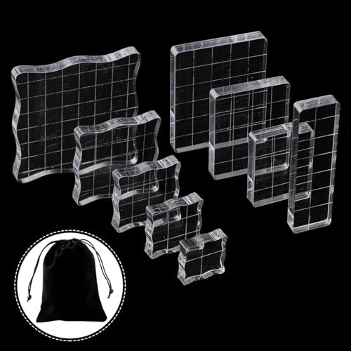Rebanky 9 Stück Acryl Stempelblock Set Transparent Acrylblock Quadratisch Klar Acrylblöcke für Silikonstempel mit Gitter Linien und Aufbewahrungstasche für Scrapbook Album Kartenherstellung(9 Größen)