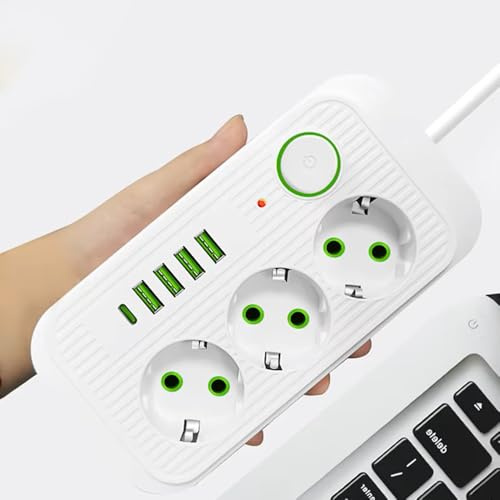 Überspannungsschutz, Europäische 10-A-2500-W-Steckdosenleiste mit 3 Steckdosen, 4 USB- und 1 Typ-C-Anschluss, Wandmontierbarer Universal-Reiseadapter (White)